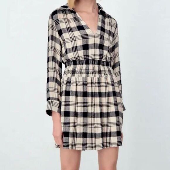 Zara Dresses & Skirts - Zara Women's Plaid Long Sleeve A-Line Mini Dress Black Size S